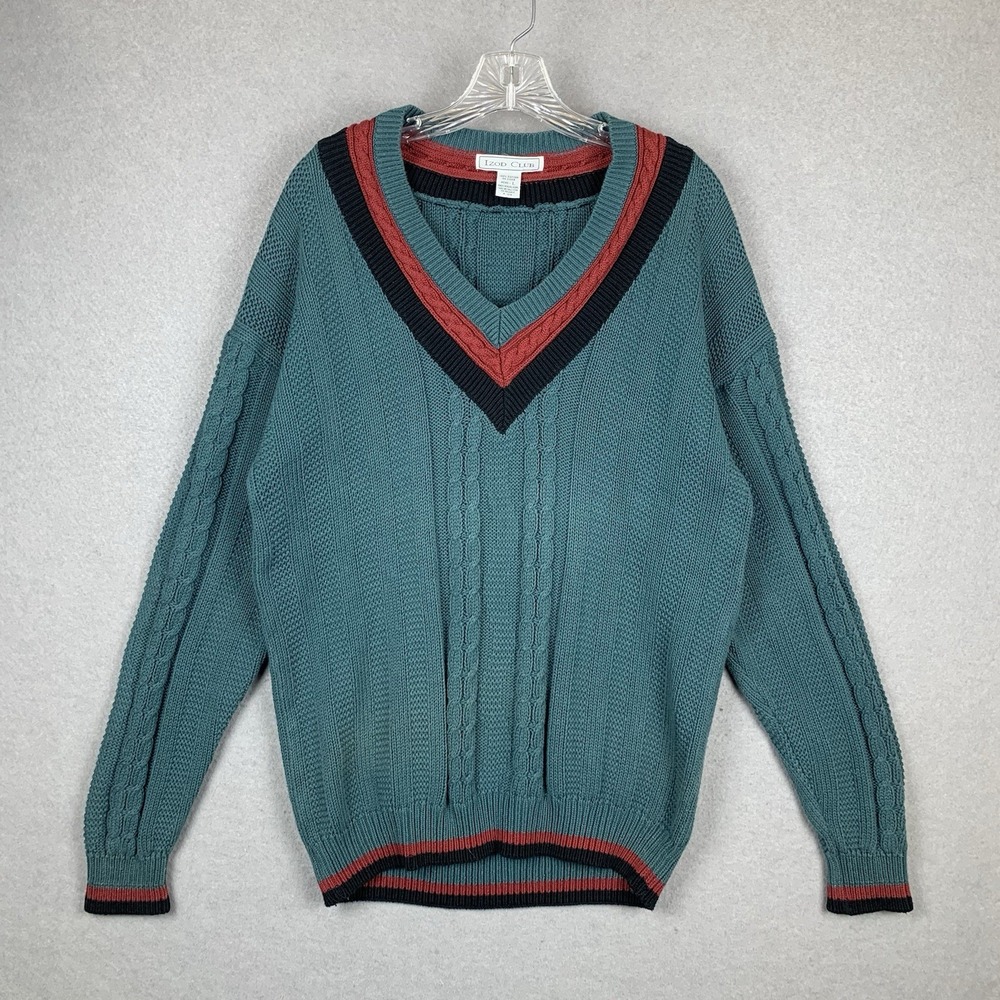 Vintage Izod Club Cable Knit Varsity Sweater Teal Green Preppy Ringer Mens Large